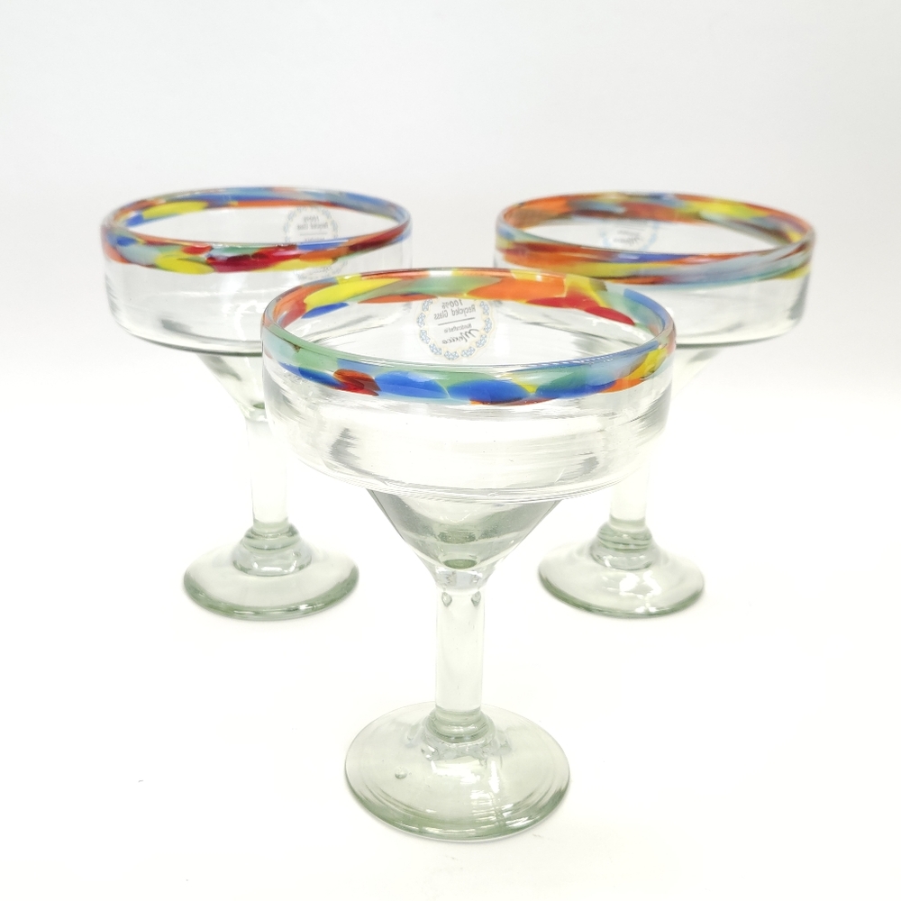 Mexican Handblown Glass Margarita Confetti Rim Barware Boho Western 16oz 3pcs